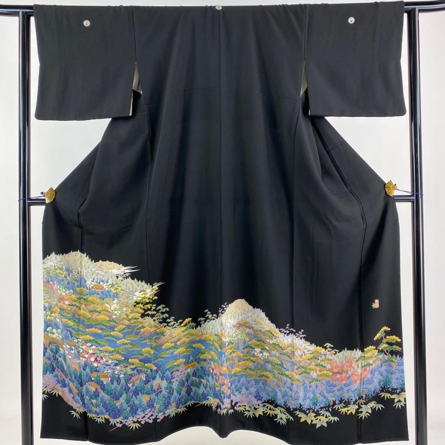 黒留袖 身丈153cm 裄丈63.5cm S 袷 落款あり 松竹梅 建物 黒 正絹 秀品 