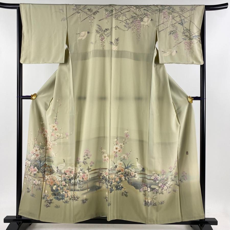 訪問着 身丈156.5cm 裄丈65cm M 袷 落款あり 枝花 鶴 金銀彩 ぼかし 灰  