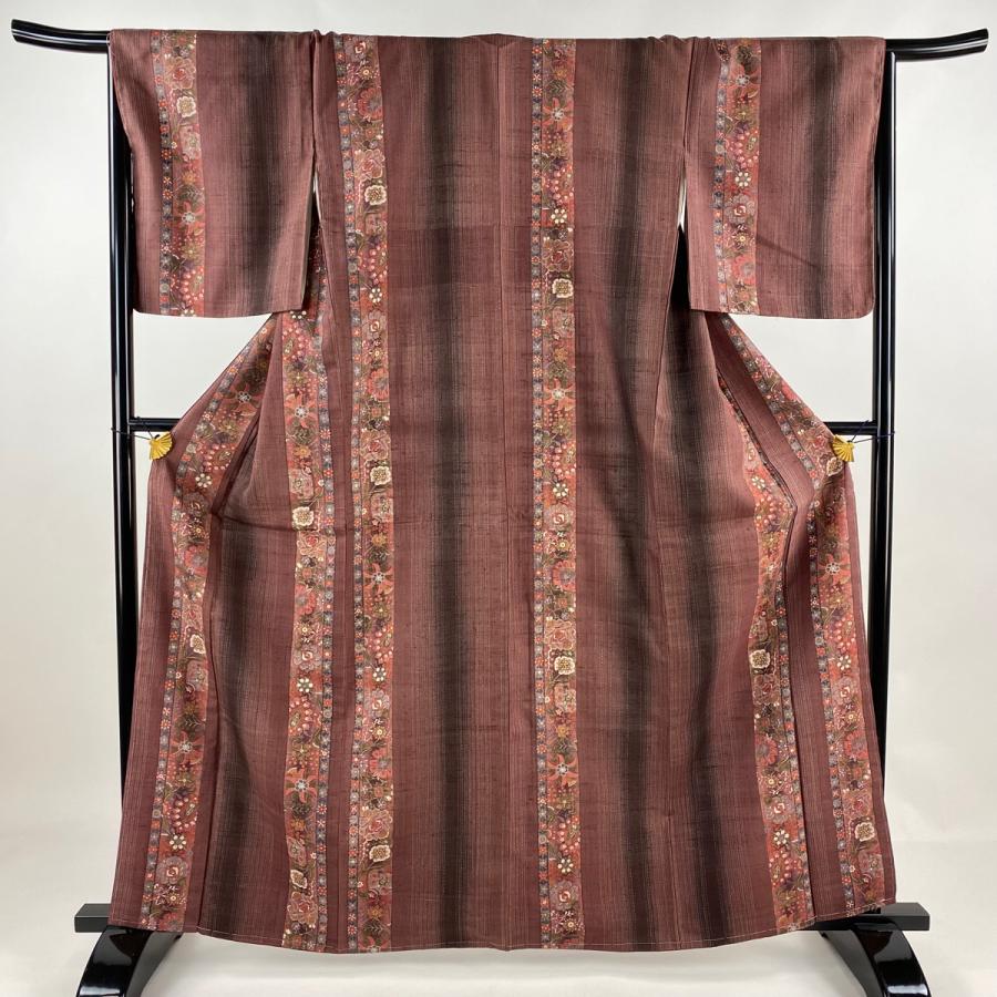 小紋 身丈163cm 裄丈68cm L 袷 草花 縦縞 赤茶 正絹 美品 秀品 中古  
