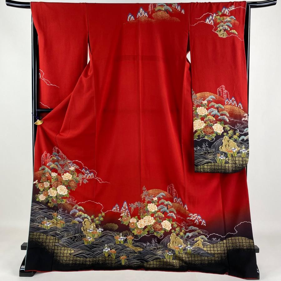 振袖 身丈174cm 裄丈65cm M 袷 草花 波 刺繍 金彩 赤 正絹 秀品 中古  