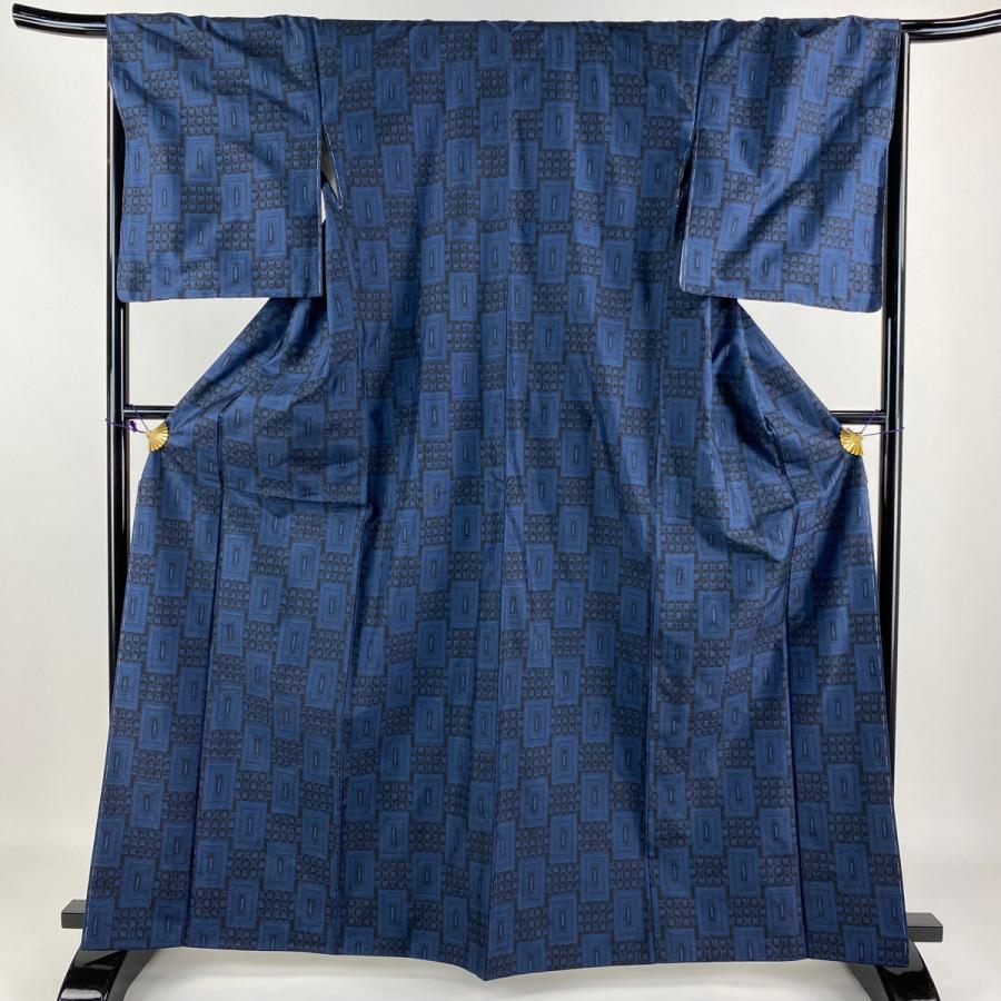 紬 身丈164.5cm 裄丈68cm L 袷 アンサンブル 証紙あり 幾何学模様 藍色  