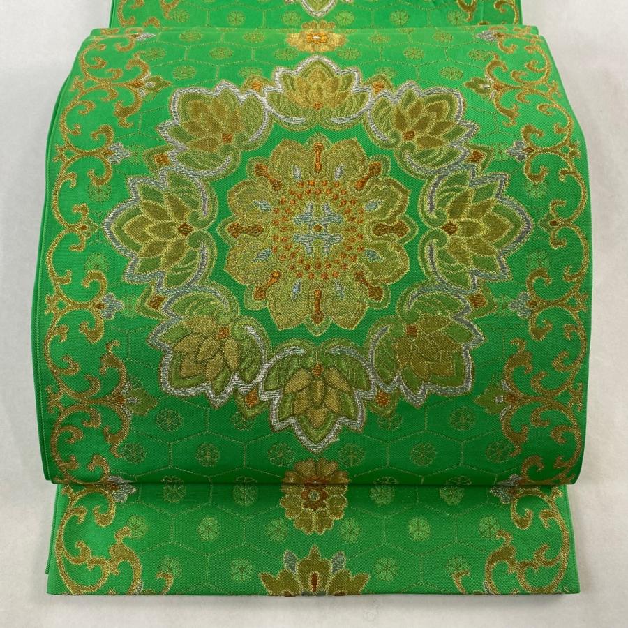 袋帯 逸品 川島織物 落款あり 華文 花唐草 金銀糸 緑 六通 正絹 中古