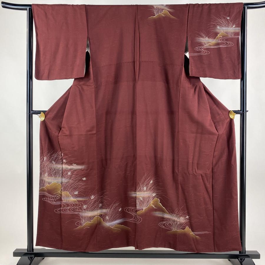 訪問着 身丈155.5cm 裄丈64.5cm M 袷 葉柄 流水 金彩 えんじ色 正絹  