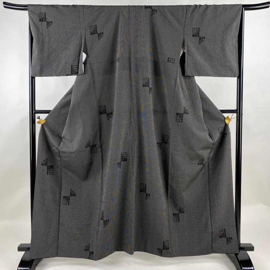 小紋 身丈161.5cm 裄丈67cm M 袷 縞 幾何学 墨色 正絹 名品 中古  