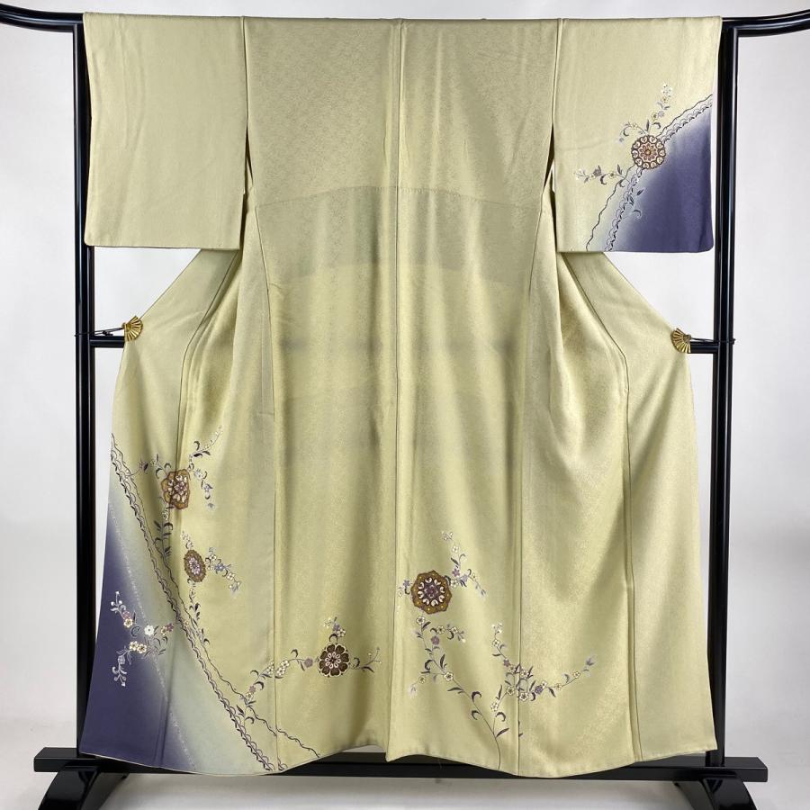 付下げ 身丈155cm 裄丈62cm S 袷 草花 有職文様 金彩 黒灰 正絹 美品  