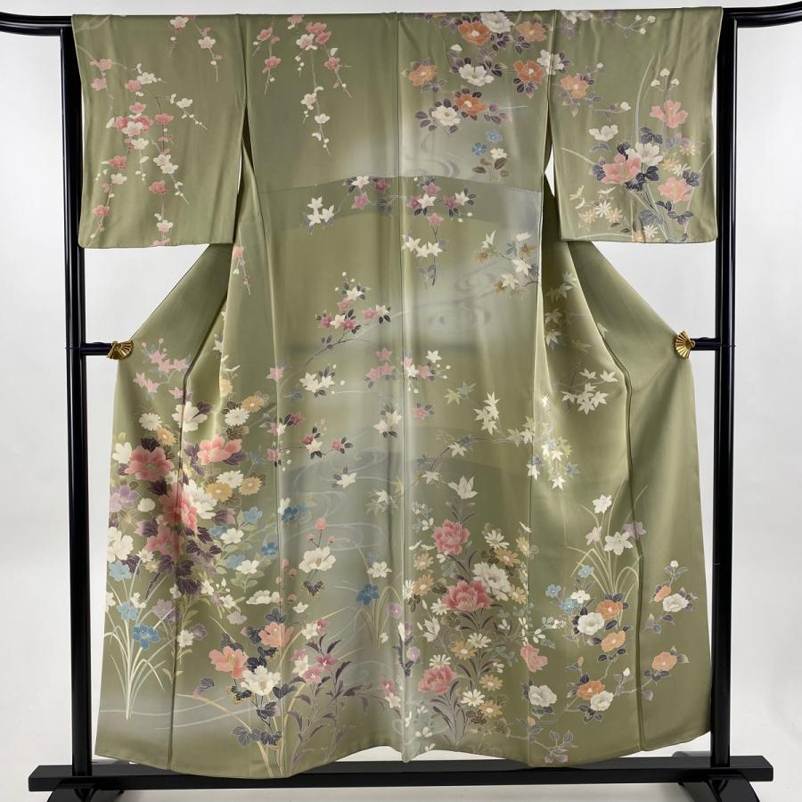 訪問着 身丈155.5cm 裄丈63.5cm S 袷 草花 流水 ぼかし 灰緑 正絹 名品  