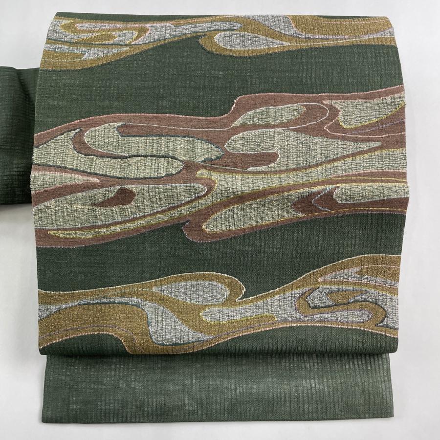 名古屋帯 美品 秀品 夏帯 流水 箔 金糸 深緑 正絹 中古 名古屋帯 美品 秀品 夏帯 流水 箔 金糸 深緑 正絹 中古