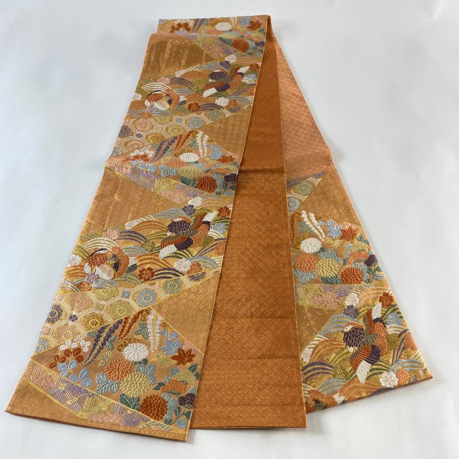 袋帯 美品 秀品 鴛鴦 波 金糸 唐織 薄オレンジ 六通 正絹 中古 袋帯 美品 秀品 鴛鴦 波 金糸 唐織 薄オレンジ 六通 正絹 中古