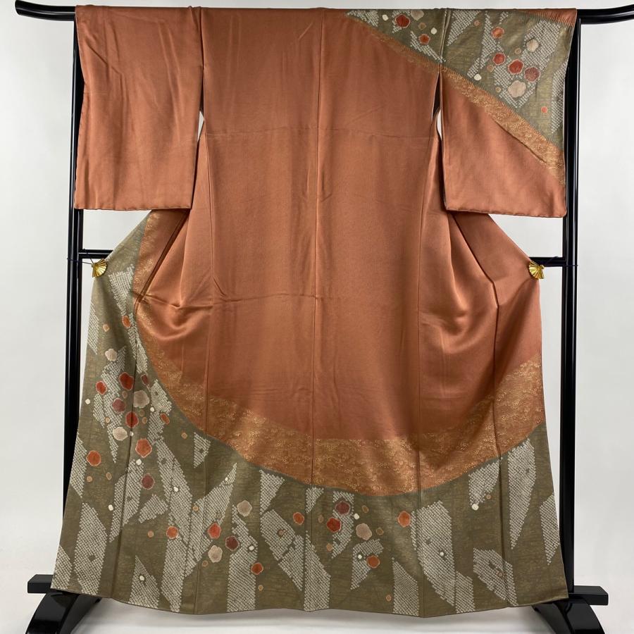 訪問着 身丈162cm 裄丈66cm M 袷 梅 金彩 絞り 茜色 正絹 美品 秀品  