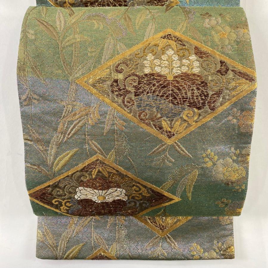 深緑 袋帯 金糸 草花文様 箔 【公式通販】