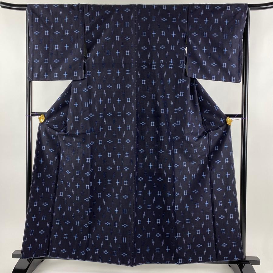 紬 身丈161.5cm 裄丈65.5cm M 袷 証紙あり 絣 藍色 正絹 美品 秀品  
