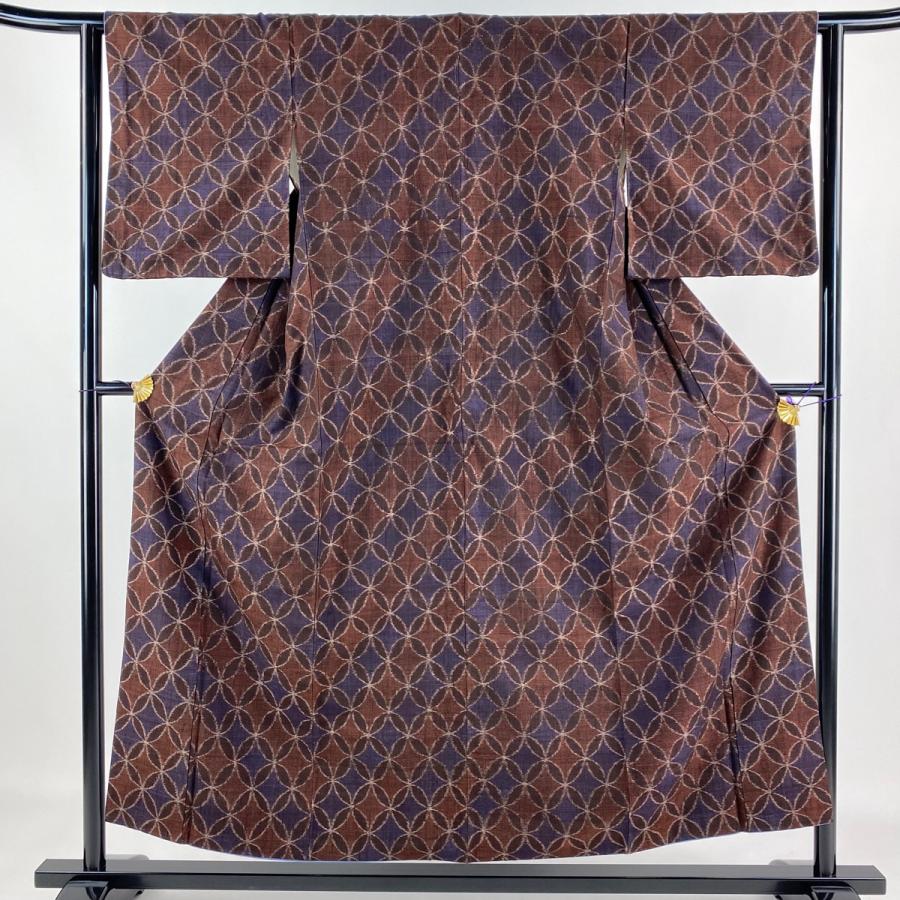 紬 身丈150.5cm 裄丈62cm S 袷 七宝 茶色 正絹 逸品 中古  