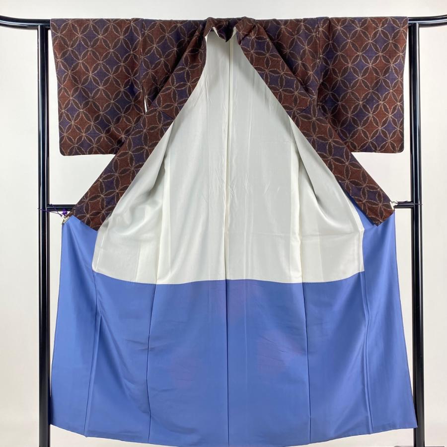 紬 身丈150.5cm 裄丈62cm S 袷 七宝 茶色 正絹 逸品 中古  