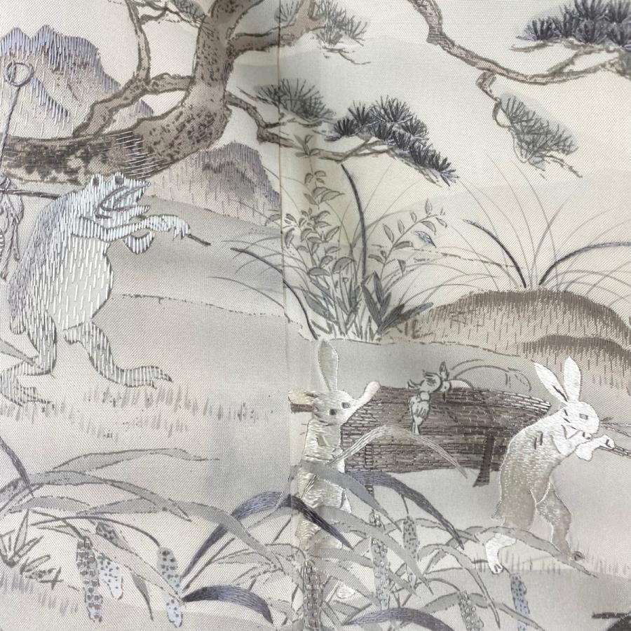 訪問着 身丈164.5cm 裄丈67.5cm L 袷 紬地 鳥獣戯画 刺繍 クリーム  