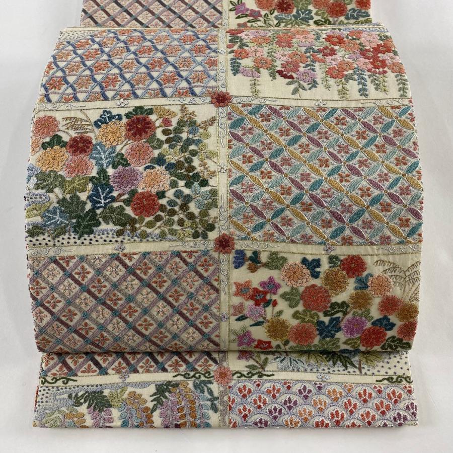 袋帯 美品 逸品 格天井 藤 相良刺繍 金銀糸 ベージュ 全通 正絹 中古  