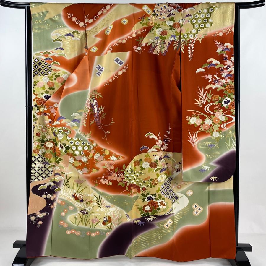 振袖 身丈167cm 裄丈65cm M 袷 千總 落款あり 鴛鴦 草花 銀通し 金糸  