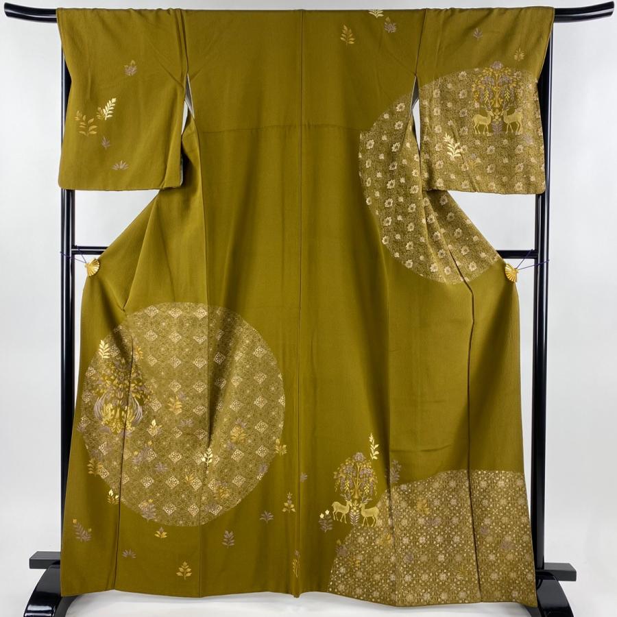 訪問着 身丈164.5cm 裄丈67cm M 袷 樹下鳥獣文 金彩 金糸 黄土色 正絹  