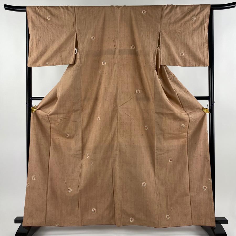 小紋 身丈164.5cm 裄丈66cm M 袷 紬地 巾着 絞り 薄小豆 正絹 秀品  