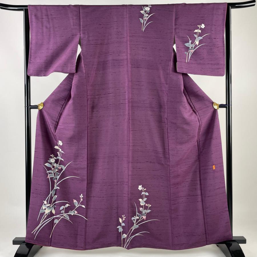 付下げ 身丈162cm 裄丈64cm M 袷 紬地 大理苑 落款あり 草花 紫 正絹  