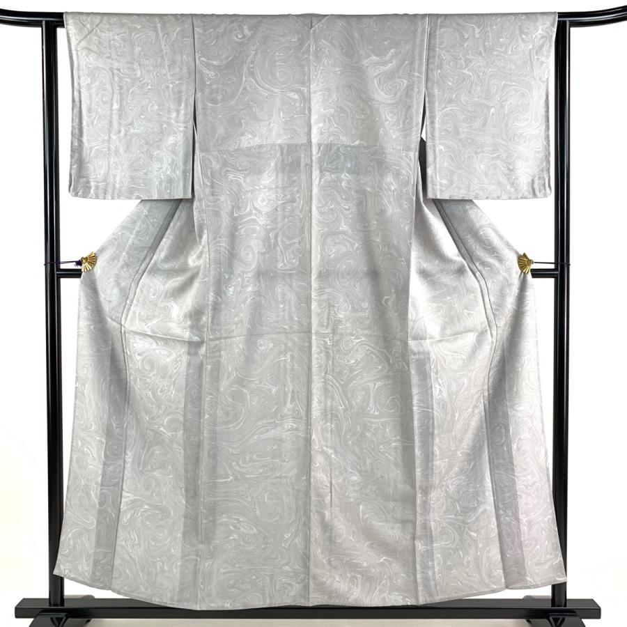 小紋 身丈155.5cm 裄丈62.5cm S 単衣 墨流し 地紋 灰色 正絹 美品 秀品  