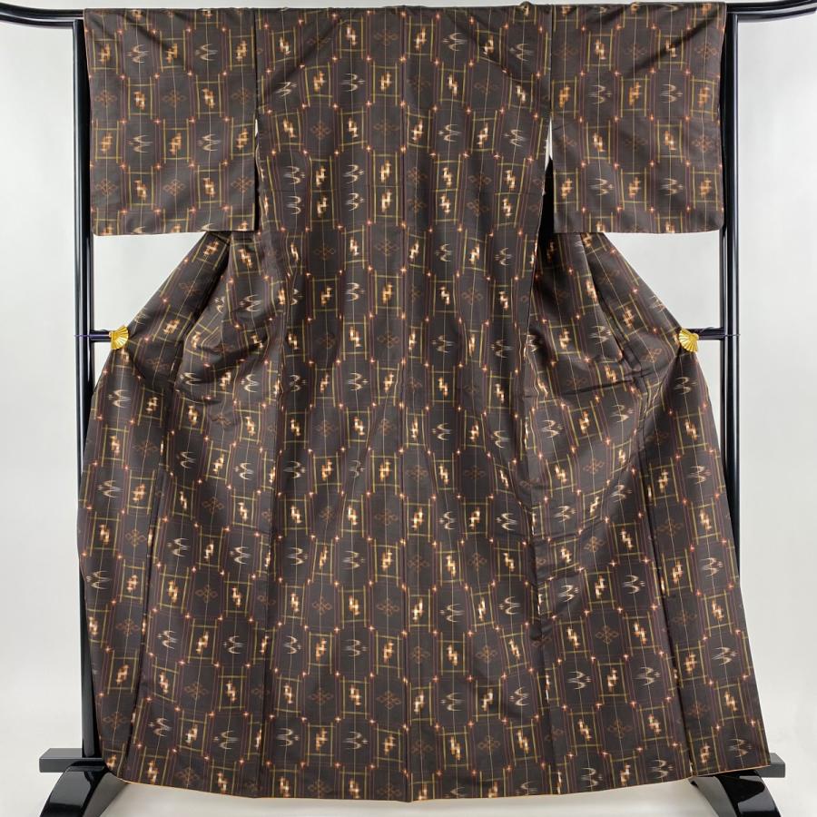 紬 身丈164.5cm 裄丈65.5cm M 袷 燕 絣 焦茶色 正絹 美品 名品 中古  
