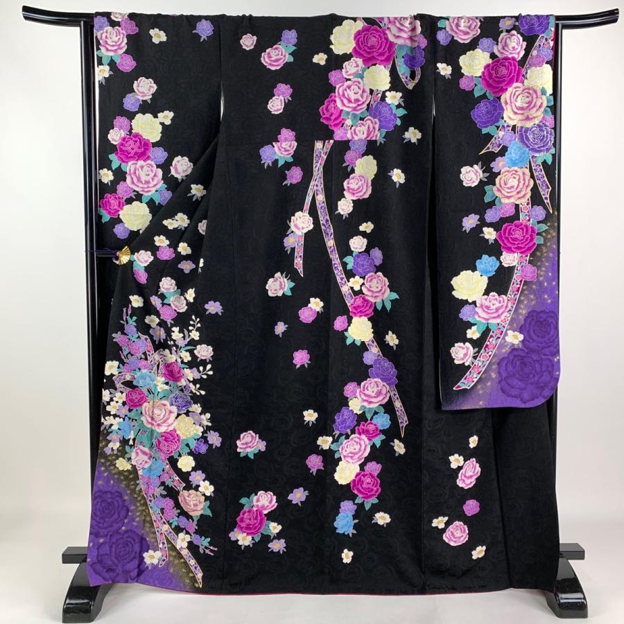 振袖 身丈168cm 裄丈67cm M 袷 薔薇 リボン 刺繍 金銀彩 黒 正絹 美品  