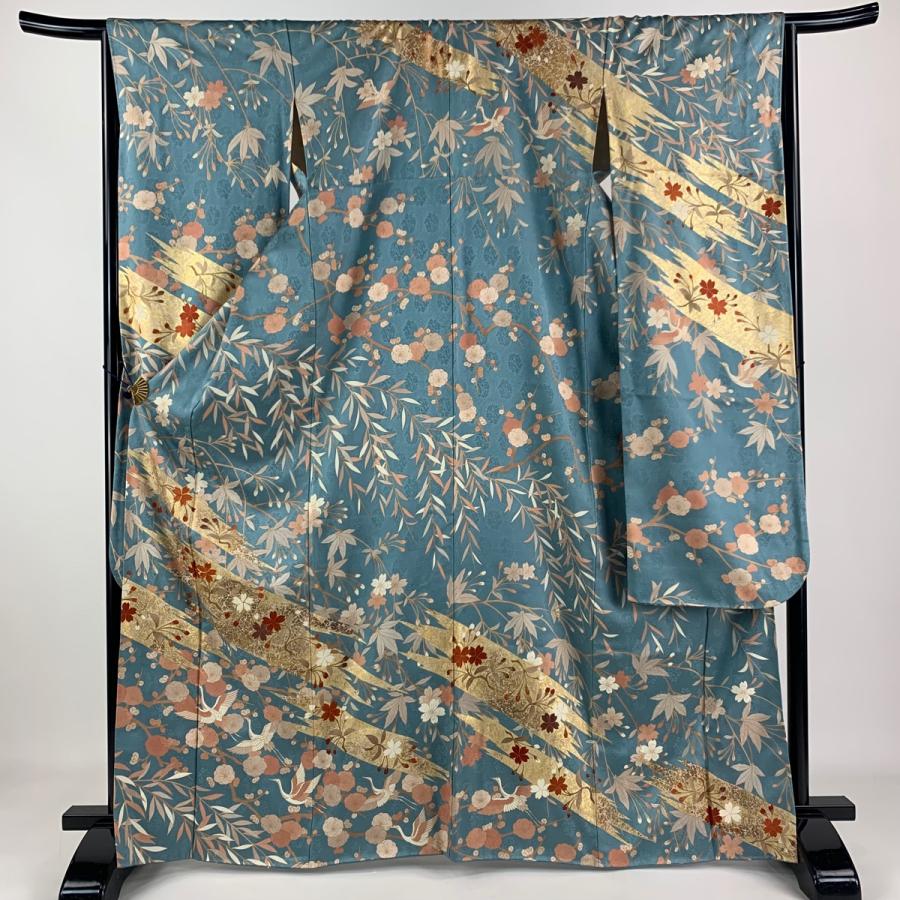 振袖 身丈166.5cm 裄丈65cm M 袷 桜 鶴 金彩 金糸 水色 正絹 名品 中古  