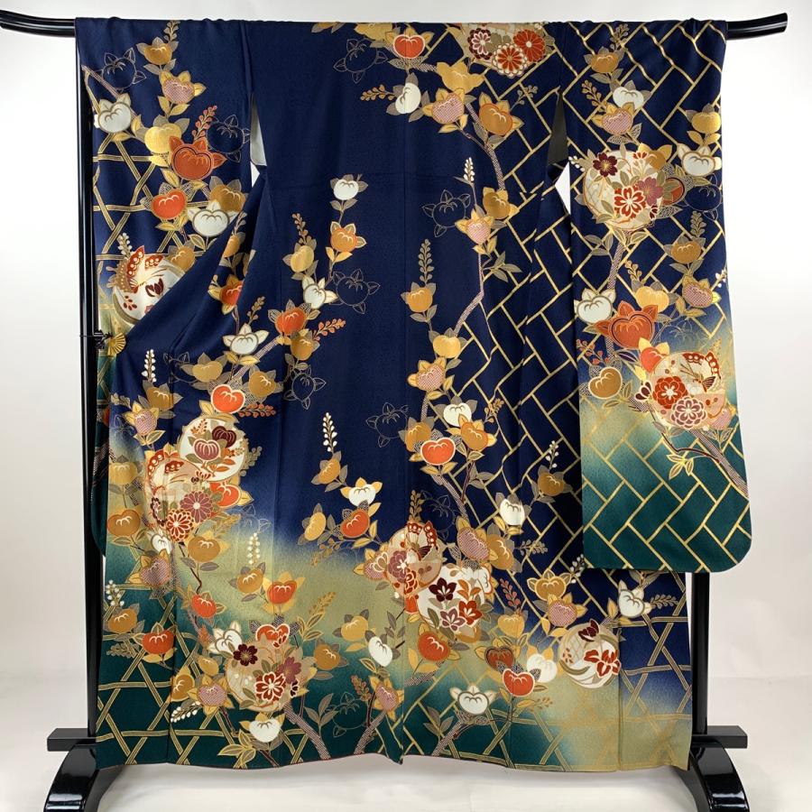 振袖 身丈162cm 裄丈69.5cm L 袷 橘 蝶 金彩 ぼかし 濃紺 正絹 名品  