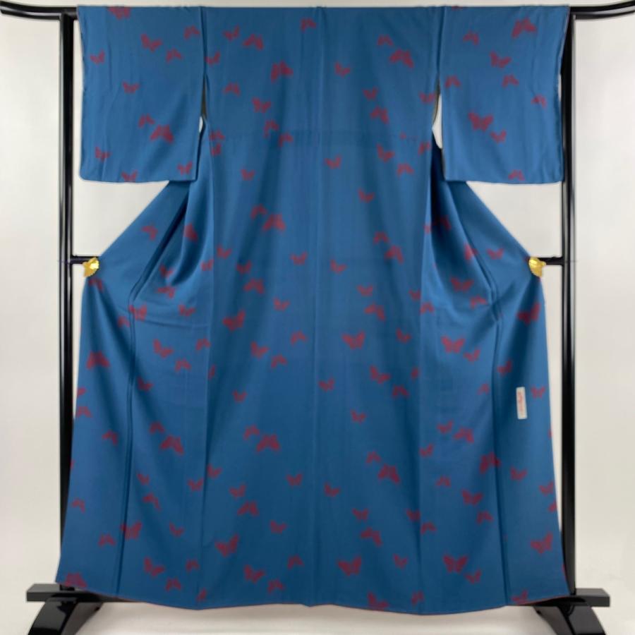 小紋 身丈161cm 裄丈63cm S 袷 辻村ジュサブロー 落款あり 蝶 縮緬 青  