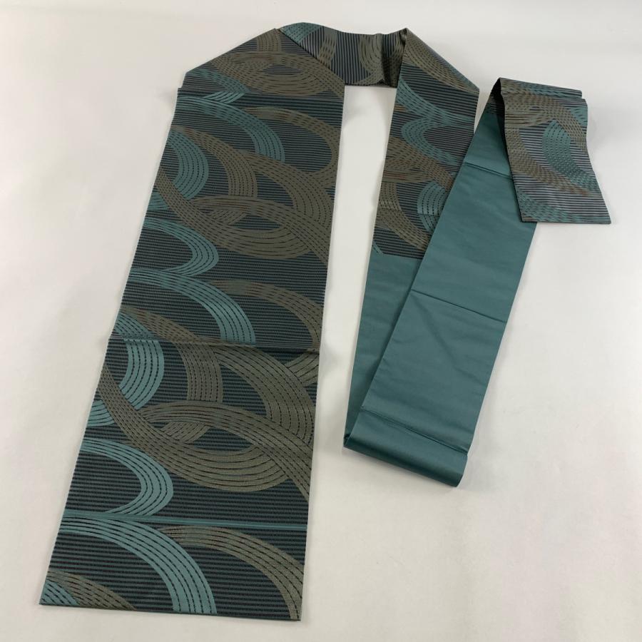 名古屋帯 美品 秀品 縞 幾何学模様 箔 青緑 正絹 中古 : リユース 