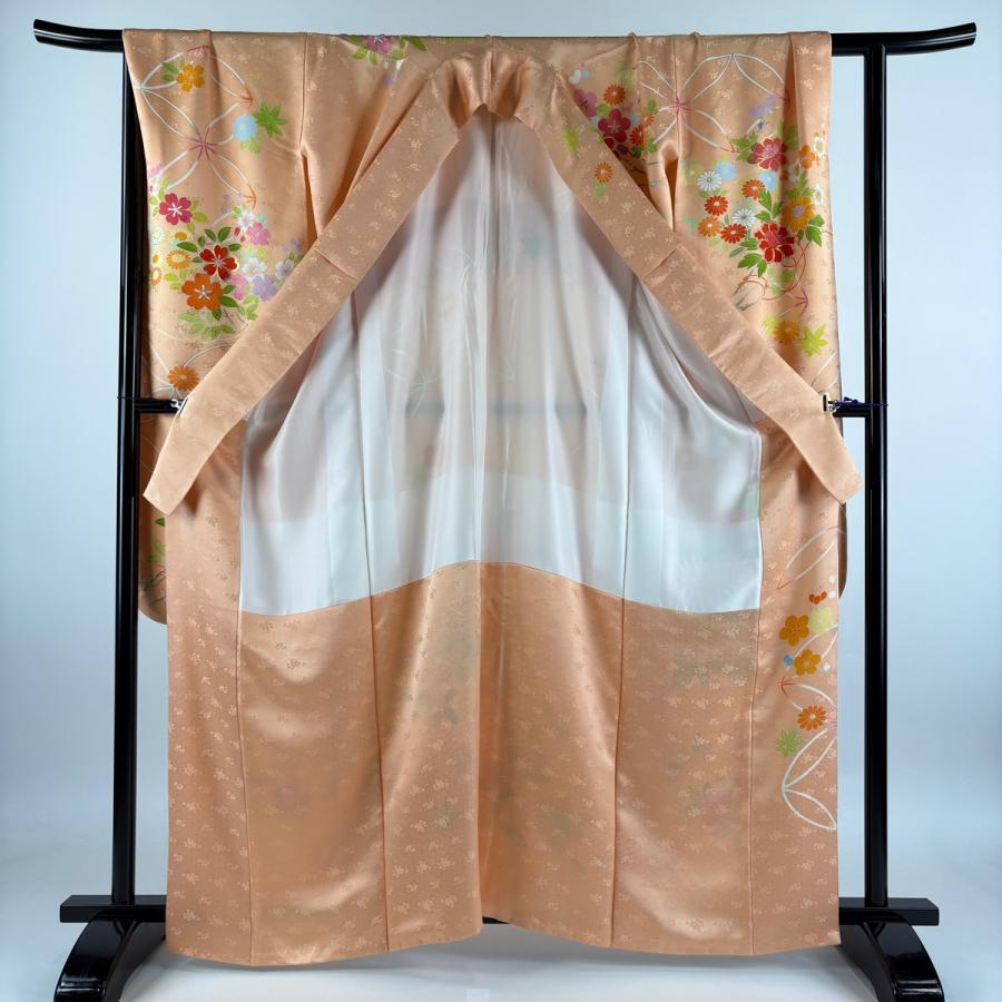 振袖 身丈163.5cm 裄丈67.5cm L 袷 誰が袖好み 落款あり 菊 七宝 金糸 刺繍 薄オレンジ 正絹 逸品 中古