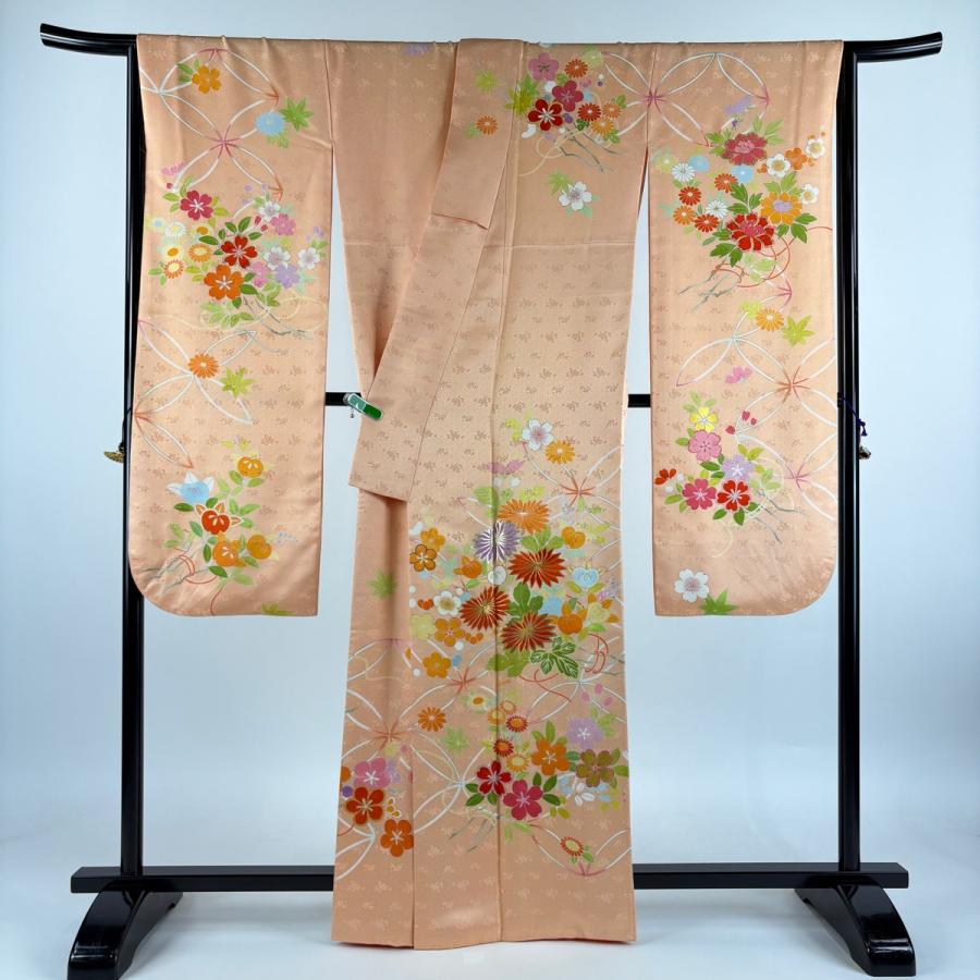 振袖 身丈163.5cm 裄丈67.5cm L 袷 誰が袖好み 落款あり 菊 七宝 金糸 刺繍 薄オレンジ 正絹 逸品 中古