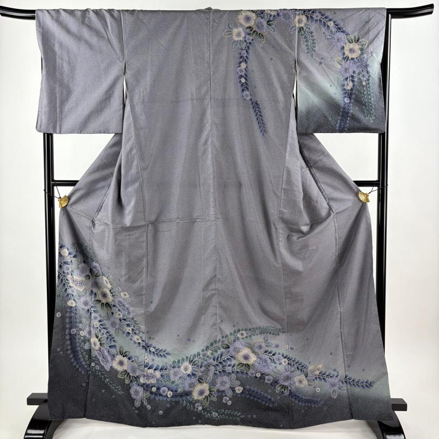 訪問着 身丈169cm 裄丈67.5cm L 袷 紬地 辻が花 ぼかし 灰色 正絹 名品