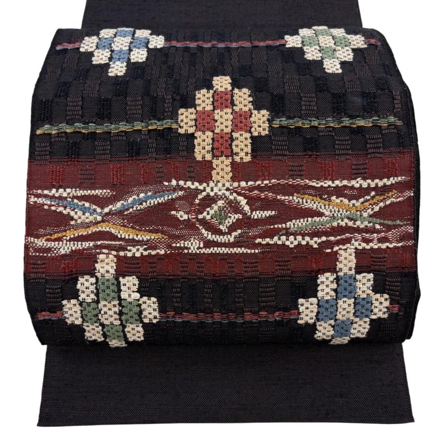 ✨ 【美品】八寸 名古屋帯 幾何学柄 紬 開き仕立て 花文様 和装 帯 445 名古屋帯 名品 八寸名古屋帯 松橋仕立て 幾何学 茶紫 正絹 中古