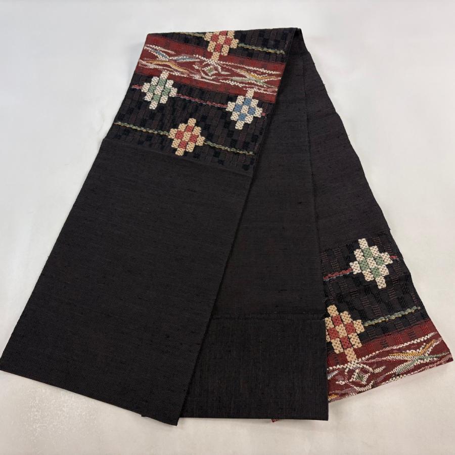 名古屋帯 名品 八寸名古屋帯 松橋仕立て 幾何学 茶紫 正絹 中古