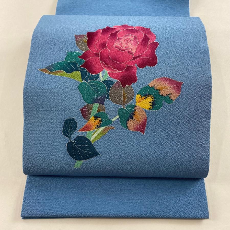 開き名古屋帯 逸品 百貫華峰 落款あり 草花 加賀友禅 ちりめん 水色  