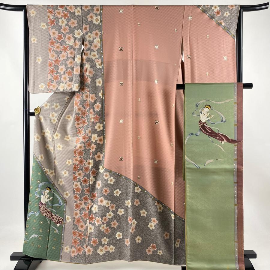 訪問着 身丈161.5cm 裄丈64cm M 袷 千地泰弘 袋帯セット 落款あり 天女  