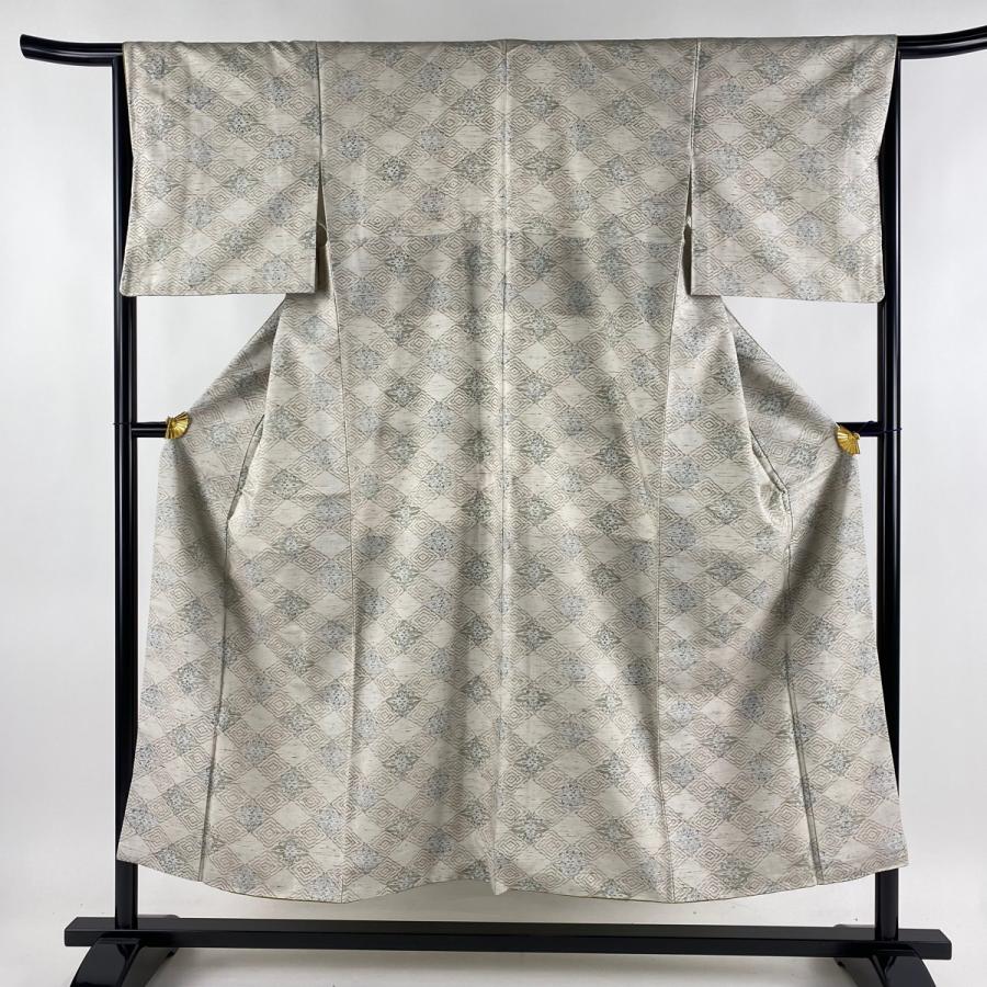 紬 身丈150.5cm 裄丈65cm M 袷 花菱 菱 灰白 正絹 美品 秀品 中古  