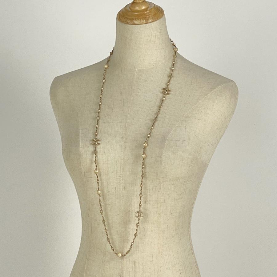 【希少】シャネル フェイクパールネックレス ロング　ゴールド ココマーク 刻印 CHANEL シャネル ココマーク フェイクパール ネックレス ロング GP