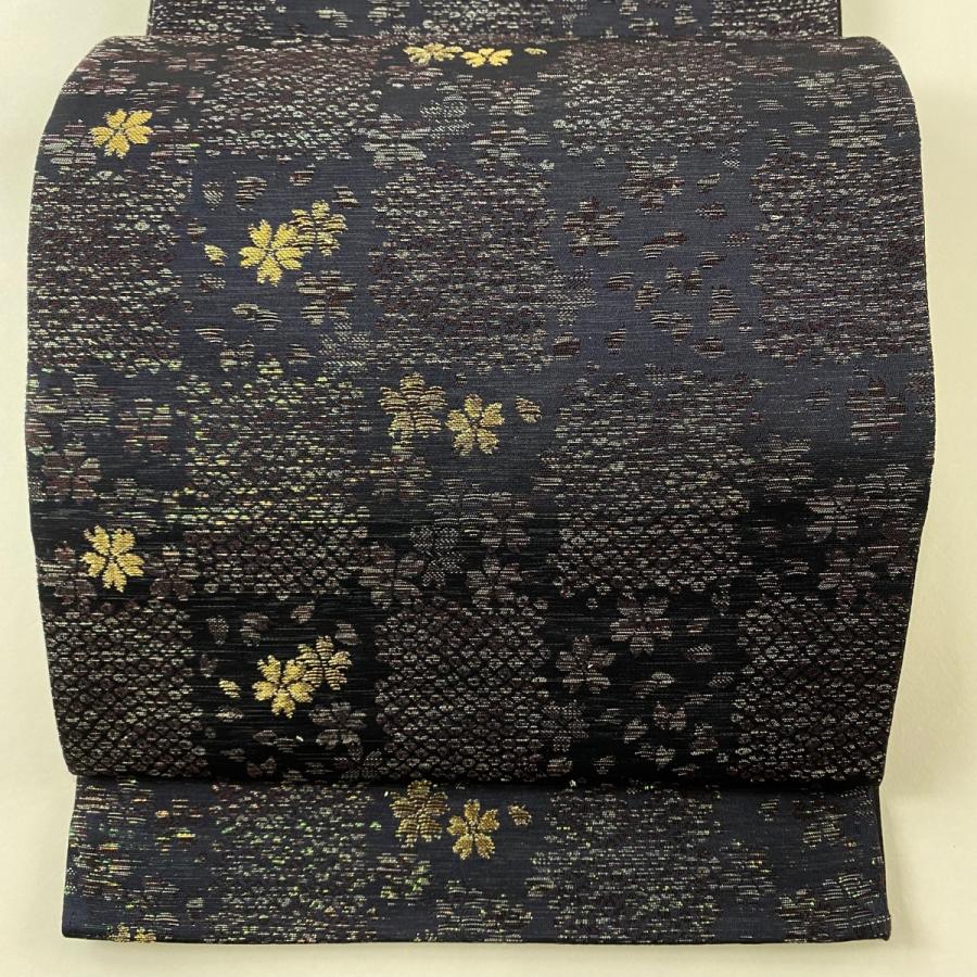 袋帯 美品 名品 桜 市松 金糸 ラメ箔 黒 全通 正絹 中古 : リユース  