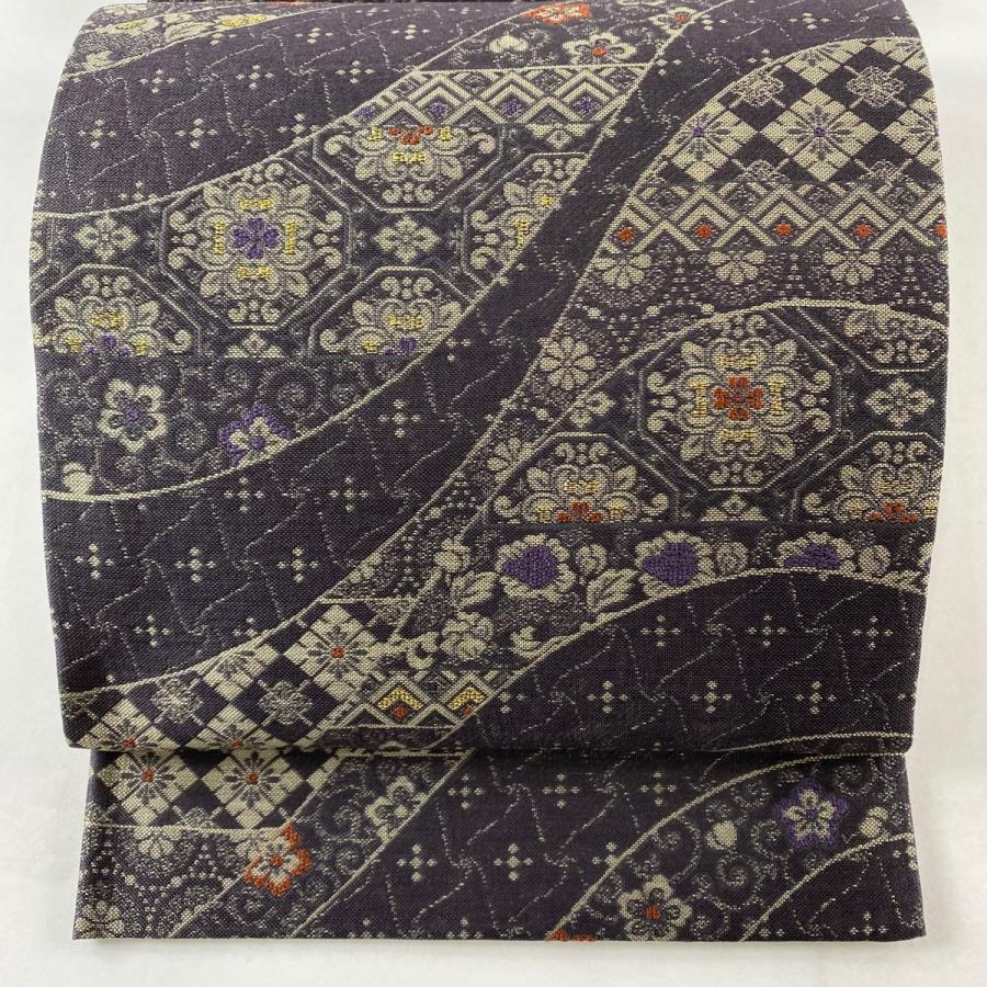 袋帯 美品 名品 華文 草花 金糸 灰紫 六通 正絹 中古 : リユース  