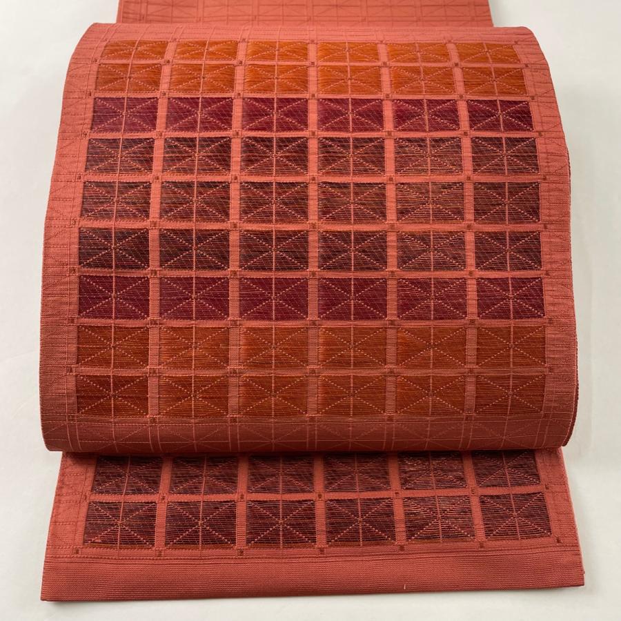 ブランド登録なし 袋帯 秀品 幾何学 箔 金糸 朱色 お太鼓柄 正絹 中古 
