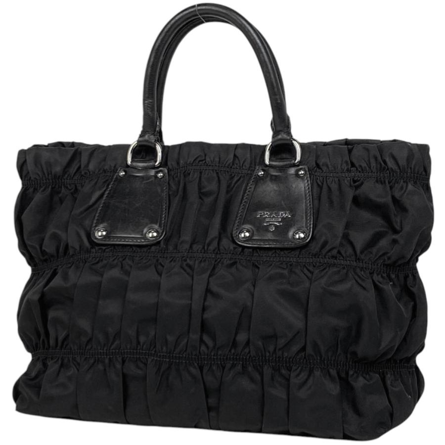 プラダ トートバッグ A4可能 ギャザー メタルロゴ ナイロン レザー ブラック PRADA プラダ ロゴ トートバッグ ハンドバッグ ギャザー