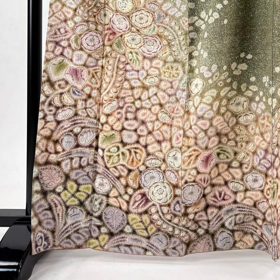美品 訪問着 身丈166.5cm 裄丈68cm L 袷 京屋林蔵 紬地 落款あり 辻が花 茶緑色 正絹 逸品 中古