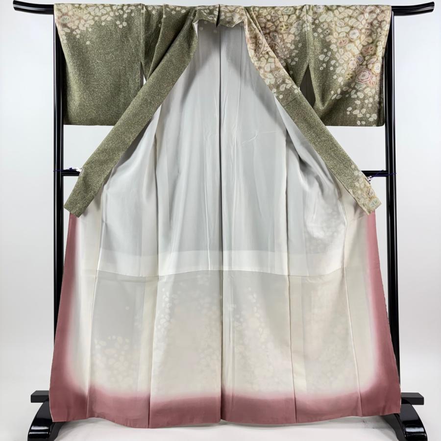 美品 訪問着 身丈166.5cm 裄丈68cm L 袷 京屋林蔵 紬地 落款あり 辻が花 茶緑色 正絹 逸品 中古