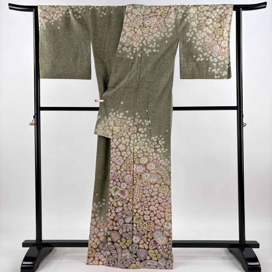 美品 訪問着 身丈166.5cm 裄丈68cm L 袷 京屋林蔵 紬地 落款あり 辻が花 茶緑色 正絹 逸品 中古