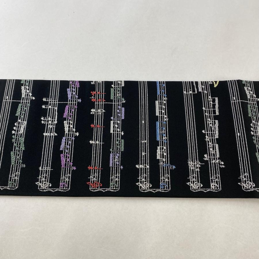 名古屋帯 逸品 五線譜 音符 黒 正絹 中古 : リユースセレクト 名古屋帯 逸品 五線譜 音符 黒 正絹 中古 : リユースセレクト
