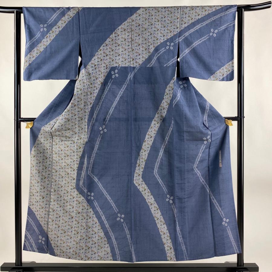 紬 身丈169cm 裄丈68cm L 袷 山鉾 草花 茶紫 正絹 名品 【中古】（訪問  