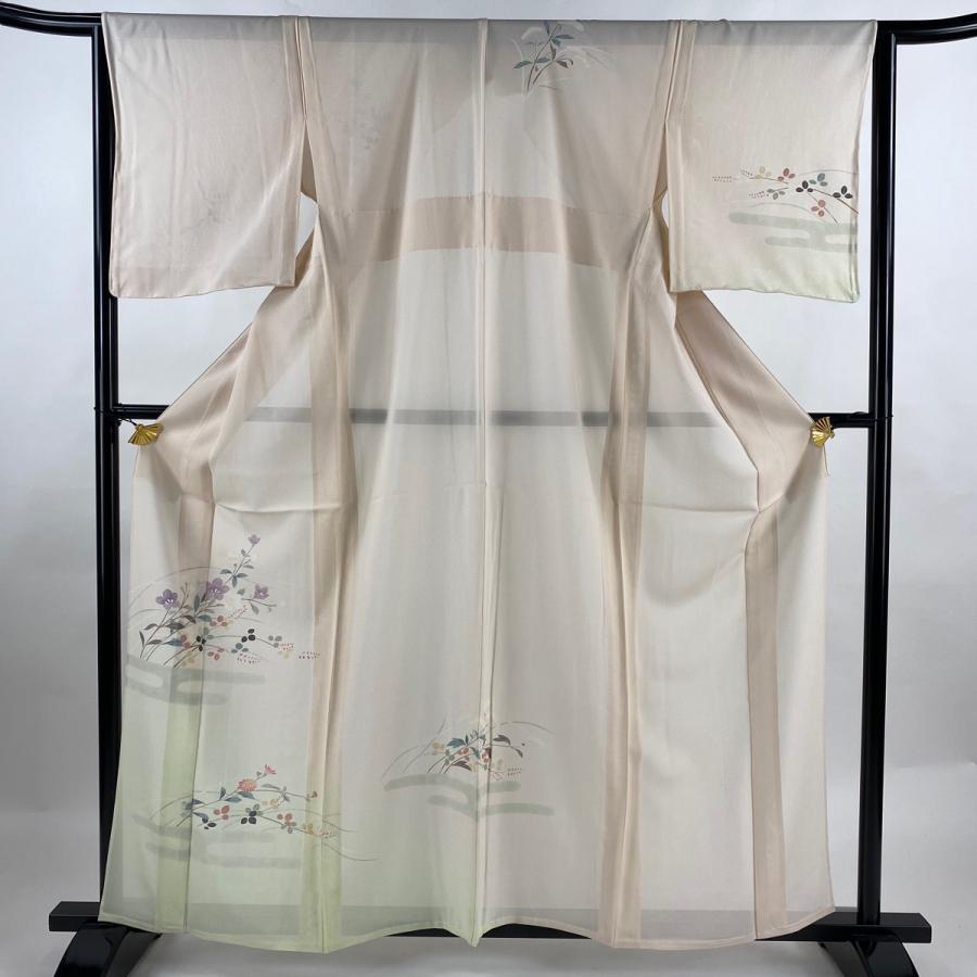 付下げ 身丈161cm 裄丈64cm M 薄物 絽 秋草 ヱ霞 薄ピンク 正絹 秀品  