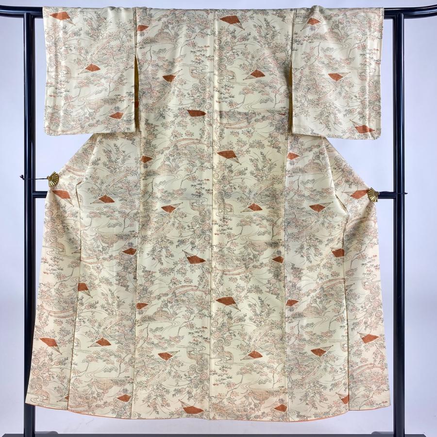 小紋 身丈150cm 裄丈61.5cm S 袷 秋草 扇 黄色 正絹 優品 中古  